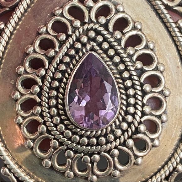 Vintage DP 925 Sterling Silver Filigree Bali Amethyst Large Teardrop Pendant 26g - Picture 12 of 16